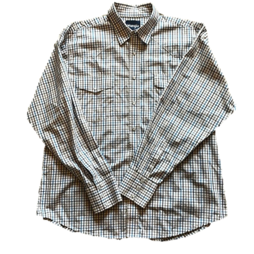Wrangler Mens XL Blue, Brown and White Plaid Long Sleeve Button Down Shirt